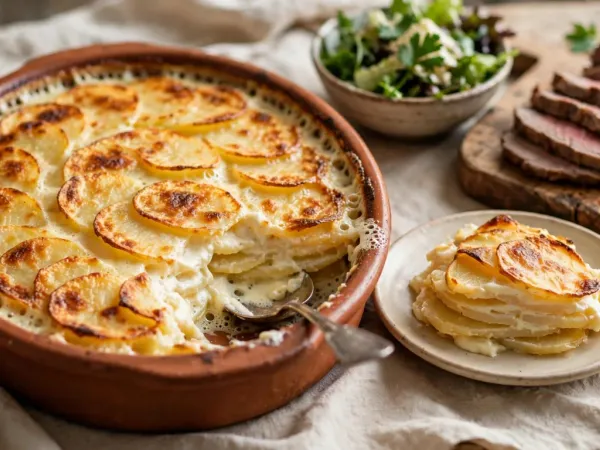 Gratin dauphinois doré dans un plat à gratin ovale en terre cuite, la crème qui bouillonne sur les bords, une part servie dans une assiette à côté d’un rôti tranché et d’un saladier de salade verte