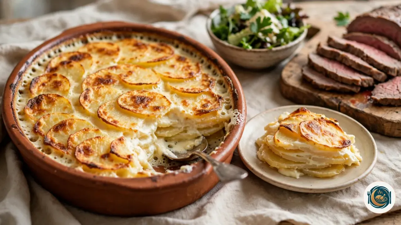 Gratin dauphinois doré dans un plat à gratin ovale en terre cuite, la crème qui bouillonne sur les bords, une part servie dans une assiette à côté d’un rôti tranché et d’un saladier de salade verte