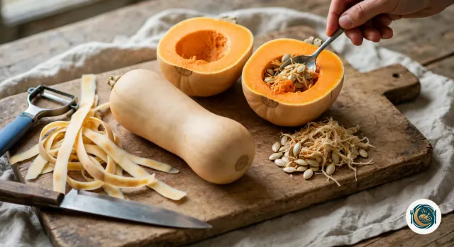 Moitié de courge butternut vidée de ses graines à la cuillère sur une planche en bois, à côté de l’autre moitié, d’une butternut entière, d’un économe et d’épluchures