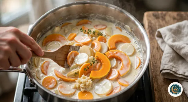 Tranches de butternut et de pommes de terre qui frémissent dans le lait et la crème avec de l’ail haché et du thym, remuées à la spatule en bois dans une casserole en inox