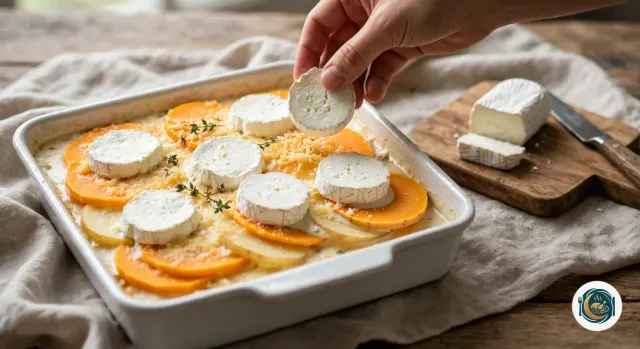 Main qui pose une rondelle de bûche de chèvre sur les tranches de butternut et de pommes de terre nappées de crème, dans un plat à gratin rectangulaire en céramique blanche, avant la cuisson, le reste de la bûche sur une planche