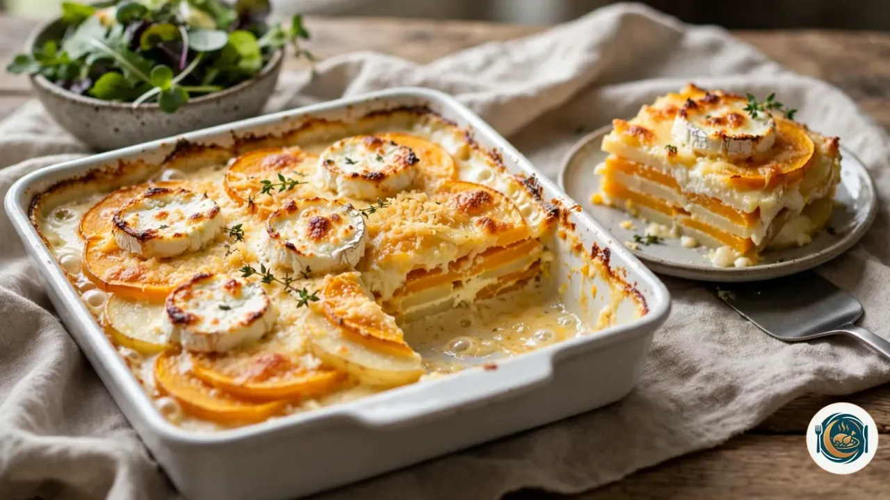 Gratin de butternut doré dans un plat rectangulaire en céramique blanche, avec des rondelles de chèvre gratinées sur les tranches de courge et de pomme de terre, et une part servie dans une assiette qui montre les couches orange et crème, à côté d’une salade verte
