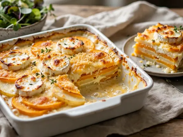 Gratin de butternut doré dans un plat rectangulaire en céramique blanche, avec des rondelles de chèvre gratinées sur les tranches de courge et de pomme de terre, et une part servie dans une assiette qui montre les couches orange et crème, à côté d’une salade verte