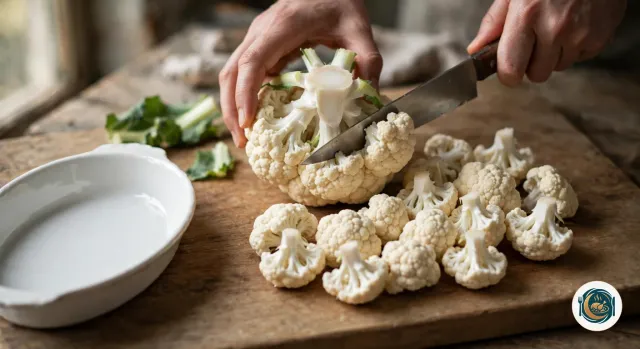 Mains qui détachent un bouquet d’un chou-fleur cru retourné, tige vers le haut, avec un couteau de chef sur une planche en bois, à côté d’un tas de bouquets coupés, de feuilles vertes retirées et d’un plat à gratin blanc vide