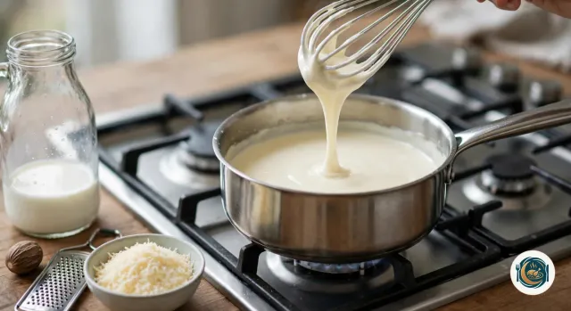 Fouet soulevé au-dessus d’une casserole en inox posée sur le gaz, d’où la béchamel épaisse et lisse retombe en ruban, à côté d’une bouteille de lait presque vide, d’une noix de muscade avec sa râpe et d’un bol de fromage râpé