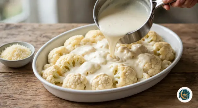 Main qui verse la béchamel épaisse d’une casserole en inox sur les bouquets de chou-fleur rangés dans un plat ovale blanc, une partie déjà nappée, à côté d’un petit bol de fromage râpé