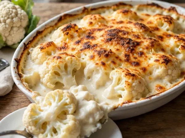 Plat ovale en céramique blanche rempli de gratin de chou-fleur à la croûte de fromage dorée et grillée par endroits, une portion servie à la cuillère qui montre les bouquets blancs dans une béchamel épaisse, à côté d’un chou-fleur entier, d’un morceau de fromage et d’une râpe