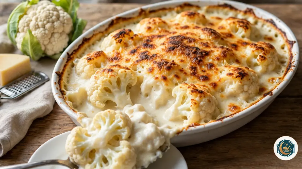 Plat ovale en céramique blanche rempli de gratin de chou-fleur à la croûte de fromage dorée et grillée par endroits, une portion servie à la cuillère qui montre les bouquets blancs dans une béchamel épaisse, à côté d’un chou-fleur entier, d’un morceau de fromage et d’une râpe