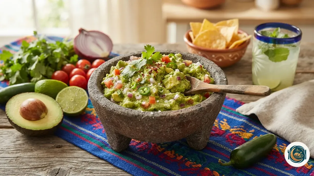 Guacamole maison dans un molcajete en pierre, entouré d’avocats, de citrons verts, de tomates cerises, de coriandre et de chips de maïs