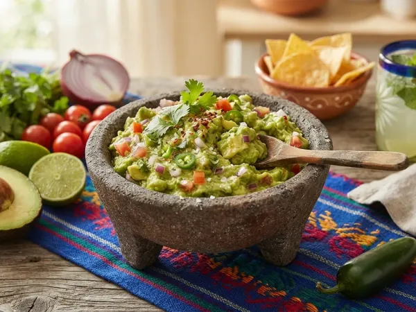 Guacamole maison dans un molcajete en pierre, entouré d’avocats, de citrons verts, de tomates cerises, de coriandre et de chips de maïs