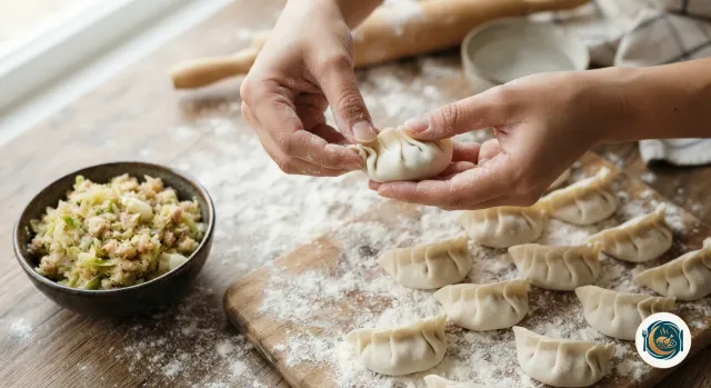 Mains qui plissent le bord d’un gyoza en demi-lune, à côté d’un bol de farce au poulet et au chou et de gyozas déjà formés sur un plateau fariné