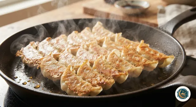 Gyozas alignés dans une poêle en fonte, la base bien dorée et croustillante, les dernières gouttes d’eau qui s’évaporent