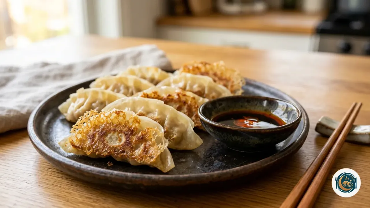 Gyozas au poulet dorés et croustillants dessous, alignés dans une assiette, avec un petit bol de sauce soja au vinaigre de riz et des baguettes