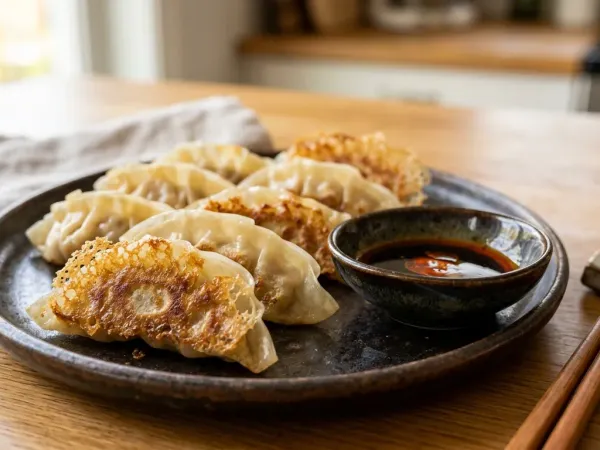Gyozas au poulet dorés et croustillants dessous, alignés dans une assiette, avec un petit bol de sauce soja au vinaigre de riz et des baguettes