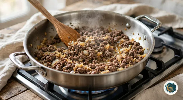 Bœuf haché émietté et bien doré avec des oignons fondus dans une grande sauteuse, remué avec une spatule en bois