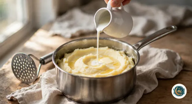 Purée de pommes de terre lisse et épaisse dans une casserole, un presse-purée posé à côté et un filet de lait chaud versé d’un pot