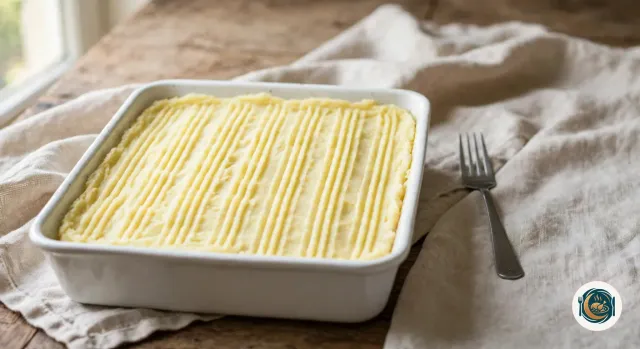 Purée étalée sur la viande dans un plat à gratin, la surface striée de sillons tracés à la fourchette, avant la cuisson
