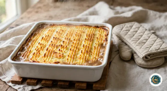 Hachis parmentier qui sort du four, la purée dorée et croustillante sur les sillons, la farce qui bouillonne sur les bords du plat