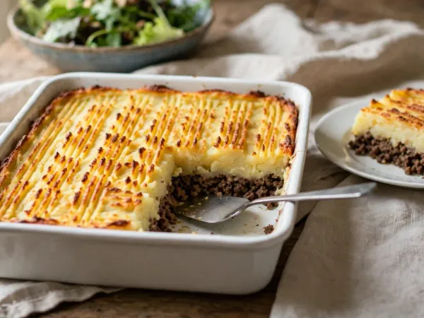 Hachis parmentier gratiné dans un plat rectangulaire en céramique, la purée dorée striée de sillons de fourchette, une part servie dans une assiette qui montre la couche de viande hachée sous la purée