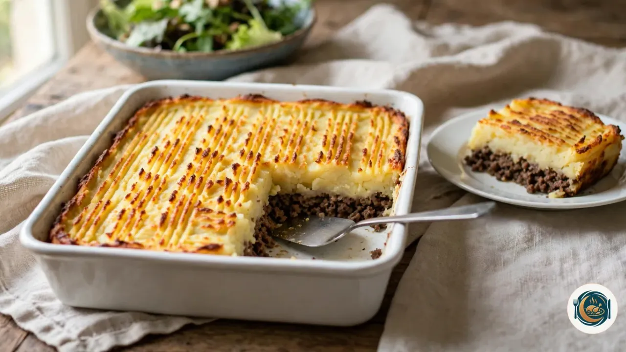 Hachis parmentier gratiné dans un plat rectangulaire en céramique, la purée dorée striée de sillons de fourchette, une part servie dans une assiette qui montre la couche de viande hachée sous la purée