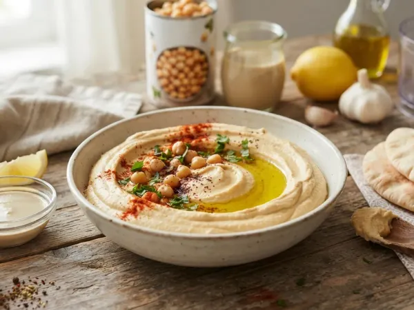 Houmous maison dans un grand bol, arrosé d’huile d’olive et garni de pois chiches, de paprika et de persil, avec du pain pita