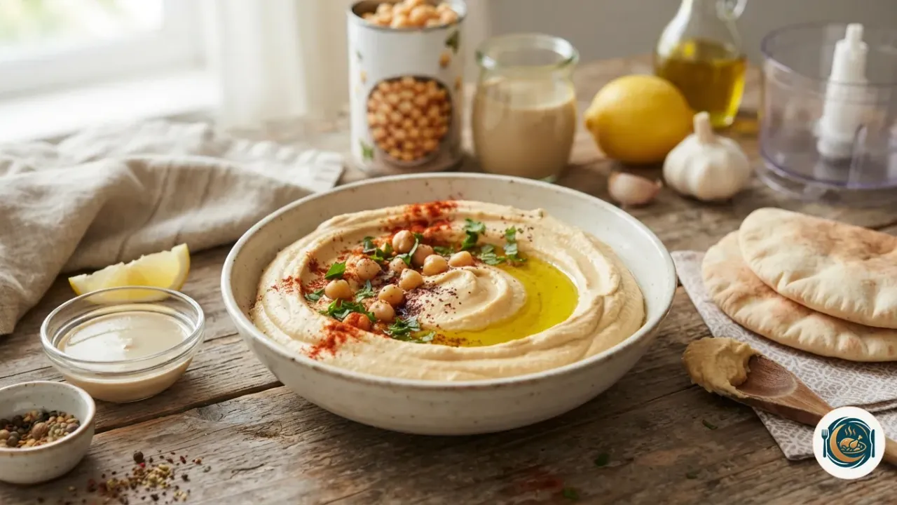 Houmous maison dans un grand bol, arrosé d’huile d’olive et garni de pois chiches, de paprika et de persil, avec du pain pita