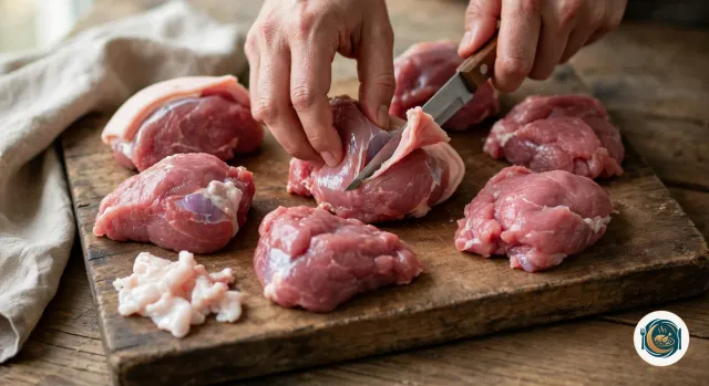 Mains qui glissent la pointe d’un petit couteau sous la membrane nacrée d’une joue de porc crue, sur une planche en bois avec cinq autres joues crues de forme irrégulière et un petit tas de gras et de membrane retirés