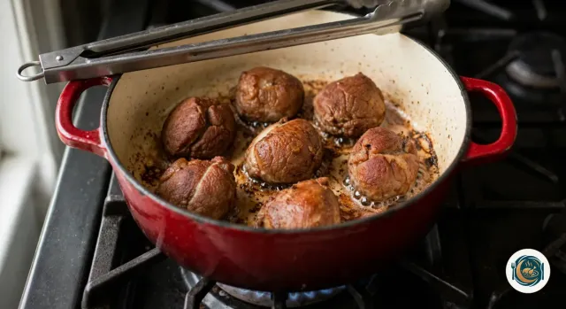Cocotte en fonte émaillée rouge posée sur le gaz, avec des joues de porc saisies en une seule couche, bien dorées de tous côtés, et des sucs bruns au fond, une pince en métal posée sur le bord
