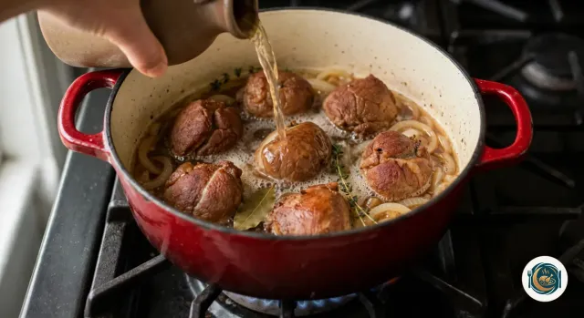 Main qui verse du cidre doré et mousseux d’un pichet en grès sur des joues de porc saisies, posées sur des oignons fondus avec un brin de thym et une feuille de laurier, dans une cocotte en fonte émaillée rouge sur le gaz
