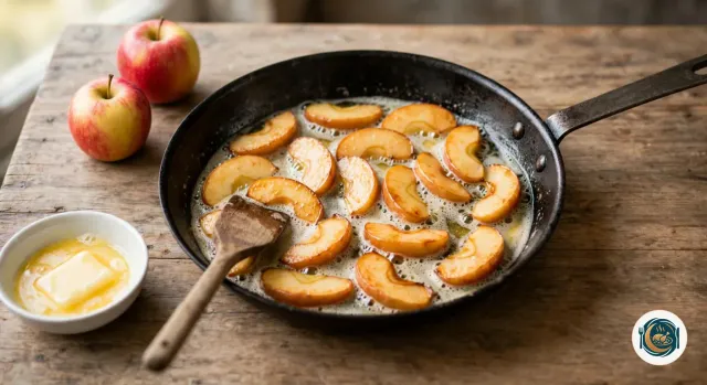 Poêle en acier noir posée sur un plan de travail en bois, remplie de quartiers de pomme épluchés en forme de croissant qui dorent dans du beurre mousseux, avec une spatule en bois, deux pommes entières et une coupelle de beurre