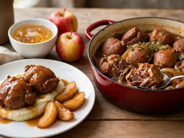 Cocotte ronde en fonte émaillée rouge cerise remplie de joues de porc braisées, dorées et si tendres qu’elles s’effilochent sous une cuillère, dans une sauce ambrée aux oignons avec du thym et du laurier, à côté d’une assiette de joues sur une purée de pommes de terre avec des quartiers de pomme poêlés, d’un pichet en grès, d’une coupe de cidre et de deux pommes