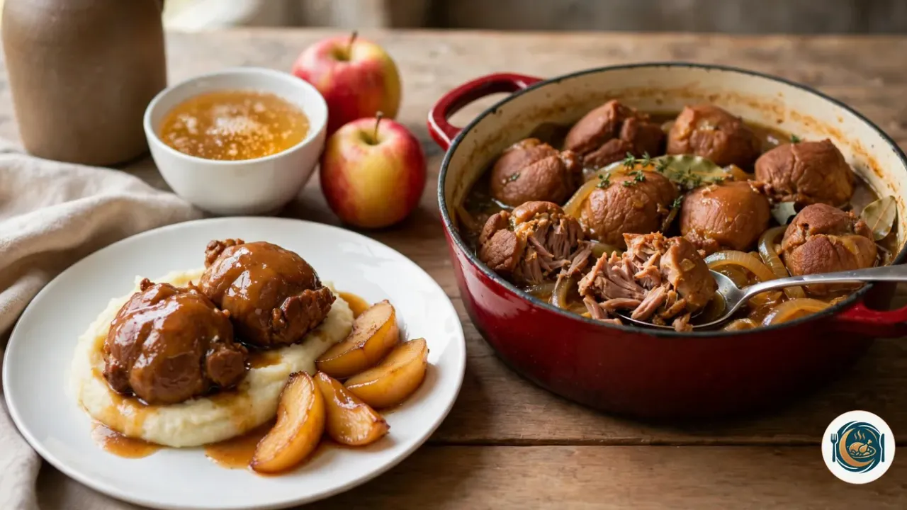 Cocotte ronde en fonte émaillée rouge cerise remplie de joues de porc braisées, dorées et si tendres qu’elles s’effilochent sous une cuillère, dans une sauce ambrée aux oignons avec du thym et du laurier, à côté d’une assiette de joues sur une purée de pommes de terre avec des quartiers de pomme poêlés, d’un pichet en grès, d’une coupe de cidre et de deux pommes