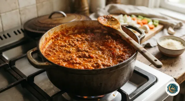 Ragù à la bolognaise épais et orangé qui mijote dans une cocotte, avec une cuillère en bois posée sur le bord
