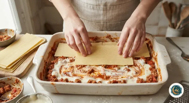 Mains qui posent des feuilles de lasagne sèches sur une couche de ragù et de béchamel dans un plat rectangulaire