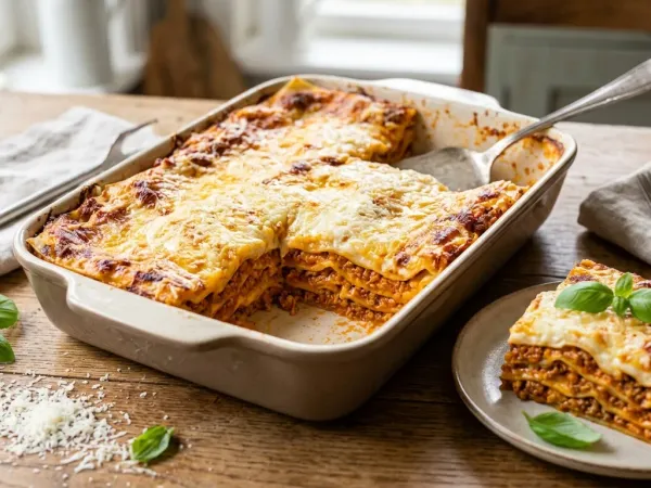Plat de lasagne bolognaise gratinée entamé, à côté d’une part servie dans une assiette qui montre les couches de pâtes, de ragù et de béchamel, avec du parmesan râpé et des feuilles de basilic