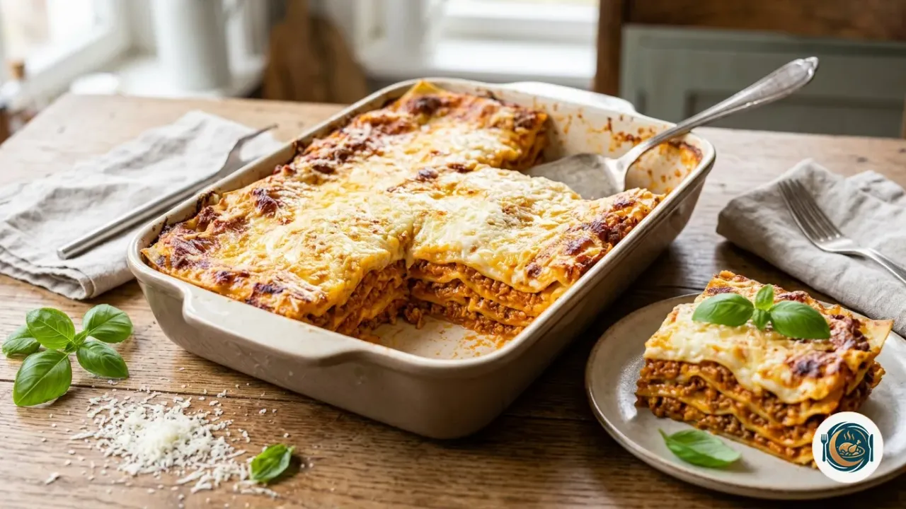 Plat de lasagne bolognaise gratinée entamé, à côté d’une part servie dans une assiette qui montre les couches de pâtes, de ragù et de béchamel, avec du parmesan râpé et des feuilles de basilic