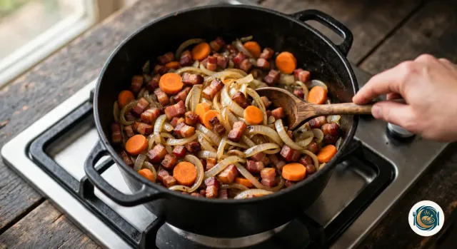 Cocotte en fonte noire vue de dessus sur le feu, contenant des lardons fumés dorés, des oignons émincés devenus translucides et des rondelles de carotte orange, remués avec une cuillère en bois