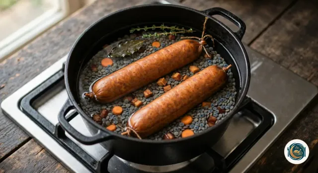 Cocotte en fonte noire où deux saucisses de Morteau crues entières, à la peau fumée brun doré, reposent sur des lentilles vertes sèches recouvertes d’eau claire, avec des rondelles de carotte, une feuille de laurier et des brins de thym