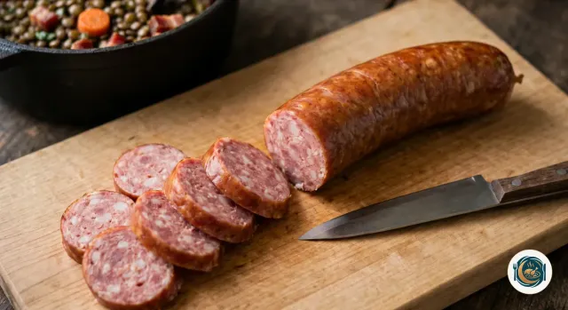 Planche en bois avec une saucisse de Morteau cuite à la peau brun doré, dont une moitié est coupée en six épaisses rondelles roses parsemées de petits points de gras blanc, un couteau posé à côté et la cocotte de lentilles en arrière-plan