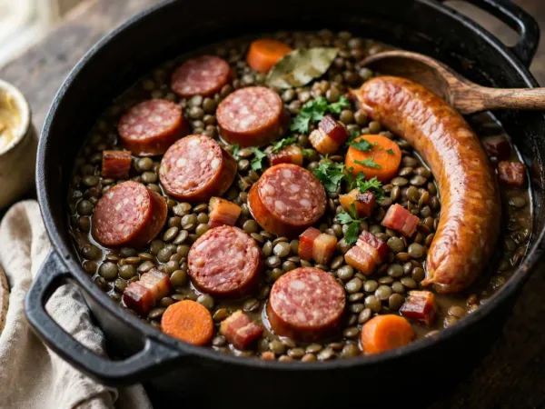 Cocotte en fonte noire remplie de petites lentilles vertes brillantes, garnie de rondelles de saucisse de Morteau rose à petits points de gras, d’une saucisse entière dorée, de rondelles de carotte, de dés de lardons fumés, d’une feuille de laurier et de persil haché, avec une cuillère en bois, un petit pot de moutarde et une assiette à gauche