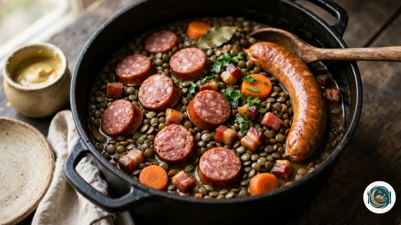 Cocotte en fonte noire remplie de petites lentilles vertes brillantes, garnie de rondelles de saucisse de Morteau rose à petits points de gras, d’une saucisse entière dorée, de rondelles de carotte, de dés de lardons fumés, d’une feuille de laurier et de persil haché, avec une cuillère en bois, un petit pot de moutarde et une assiette à gauche