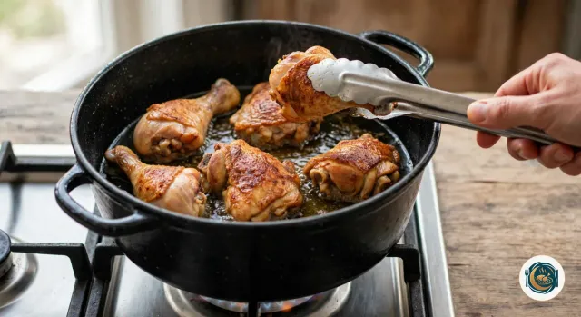 Hauts de cuisse et pilons de poulet bien dorés dans une cocotte noire en fonte émaillée posée sur le gaz, avec une main qui retourne un morceau à l’aide d’une pince en métal