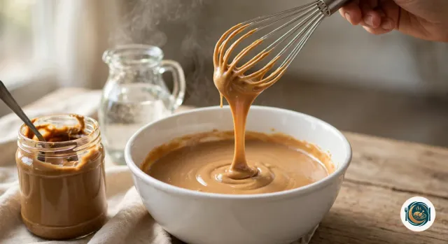 Main qui soulève un fouet d’une sauce lisse et crémeuse à la pâte d’arachide, d’un brun clair, qui retombe en ruban dans un saladier blanc, à côté d’un bocal ouvert de pâte d’arachide avec une cuillère et d’un pichet d’eau chaude en verre