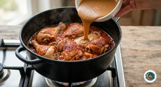 Main qui verse d’un bol blanc une sauce épaisse à l’arachide, d’un brun clair, sur les morceaux de poulet dorés posés dans une base rouge de tomate et d’oignons, dans une cocotte noire en fonte sur le gaz