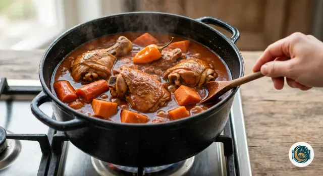 Mafé qui mijote dans une cocotte noire en fonte sur le gaz, une sauce brun-rouge épaisse et brillante autour des morceaux de poulet, de carotte et de patate douce, avec un piment antillais orange entier et une cuillère en bois tenue par une main
