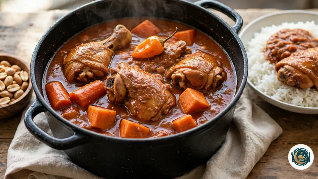 Mafé de poulet dans une cocotte noire en fonte émaillée, des hauts de cuisse et des pilons dans une épaisse sauce brun-rouge à l’arachide et à la tomate, avec des morceaux de carotte, des cubes de patate douce et un piment antillais orange entier, à côté d’un bol de riz blanc nappé de sauce avec un morceau de poulet et d’une coupelle de cacahuètes, sur une table en bois et un torchon en lin