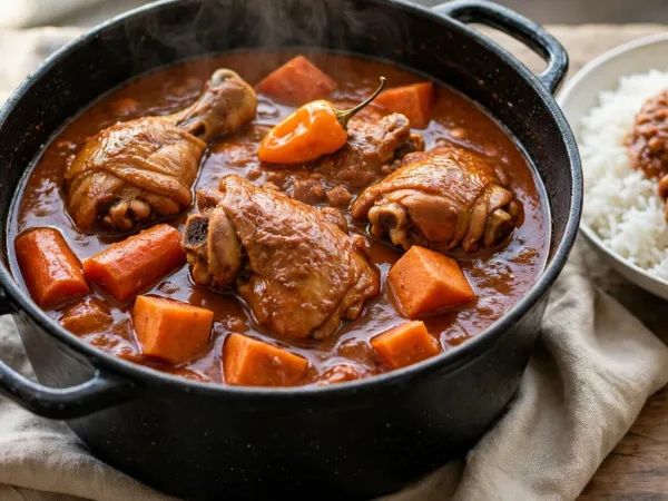 Mafé de poulet dans une cocotte noire en fonte émaillée, des hauts de cuisse et des pilons dans une épaisse sauce brun-rouge à l’arachide et à la tomate, avec des morceaux de carotte, des cubes de patate douce et un piment antillais orange entier, à côté d’un bol de riz blanc nappé de sauce avec un morceau de poulet et d’une coupelle de cacahuètes, sur une table en bois et un torchon en lin