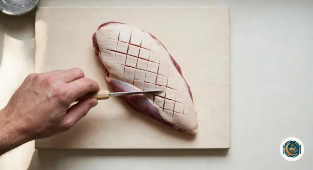 Magret de canard cru posé côté peau sur une planche en bois clair, sa peau ivoire quadrillée de fines incisions en losanges, pendant qu’une main trace la dernière ligne avec un petit couteau d’office