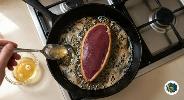 Poêle en fonte noire sur le gaz où un magret cuit côté peau, chair rouge vers le haut et bord doré, dans la graisse fondue qui grésille, pendant qu’une main retire la graisse à la cuillère vers un bol en verre déjà à moitié rempli de graisse dorée