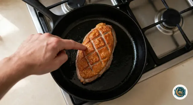 Magret retourné dans la poêle en fonte noire, sa peau désormais dorée, croustillante et brillante, aux losanges bien ouverts, pendant qu’un doigt appuie doucement dessus pour juger la cuisson, avec seulement un fin film de graisse au fond de la poêle
